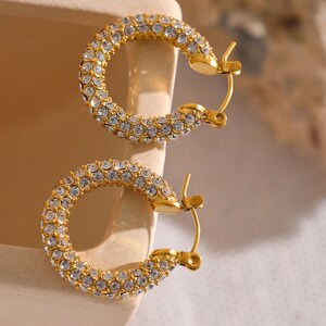 Diamond Cz Earrings, Dainty Bling Huggie Hoops, WATERPROOF Gold Earrings, Elegant Gift For Her image 7