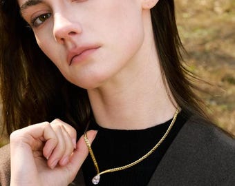 CZ Zircon Teardrop Necklace | Snake Flat Chain | Waterproof Dainty Herringbone Chain | Gift For Her