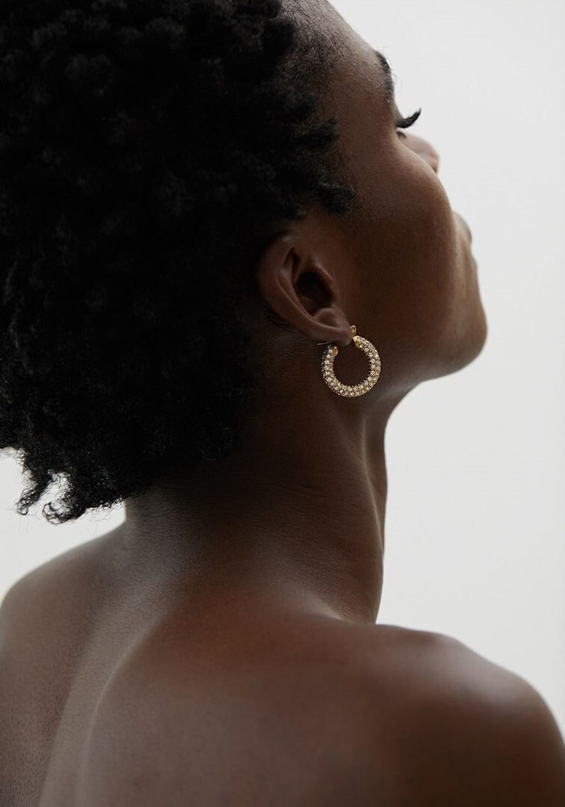 Diamond Cz Earrings, Dainty Bling Huggie Hoops, WATERPROOF Gold Earrings, Elegant Gift For Her image 4