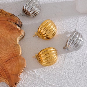 Basket Hoop Earrings, Dome Huggie Hoops, WATERPROOF 18k Gold or Silver Plated Earrings, Ball Hoops, Chunky Shell Earrings, Wide Hoops, Gift image 6