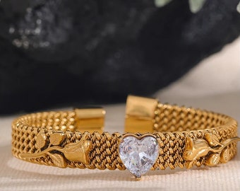 Braided Mesh Cuff Bracelet - Rose Flower Bracelet - Statement Gold Plated Bangle - Heart Crystal Wide Chain Bracelet - Gift For Her