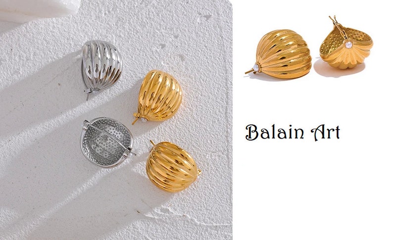 Basket Hoop Earrings, Dome Huggie Hoops, WATERPROOF 18k Gold or Silver Plated Earrings, Ball Hoops, Chunky Shell Earrings, Wide Hoops, Gift image 9