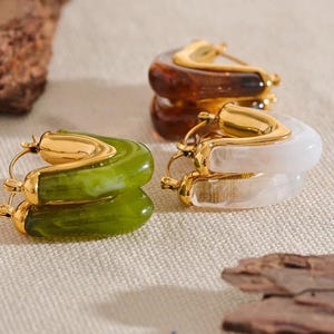 Transparent Hoop Earrings, Irregular Gold Huggie Hoops, Statement Resin Tartaruga Green White Acrylic Hoops, Summer Earrings, Gift For Her