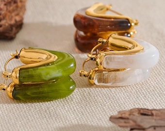 Acrylic Hoop Earrings, Gold Huggie, Resin Tartaruga