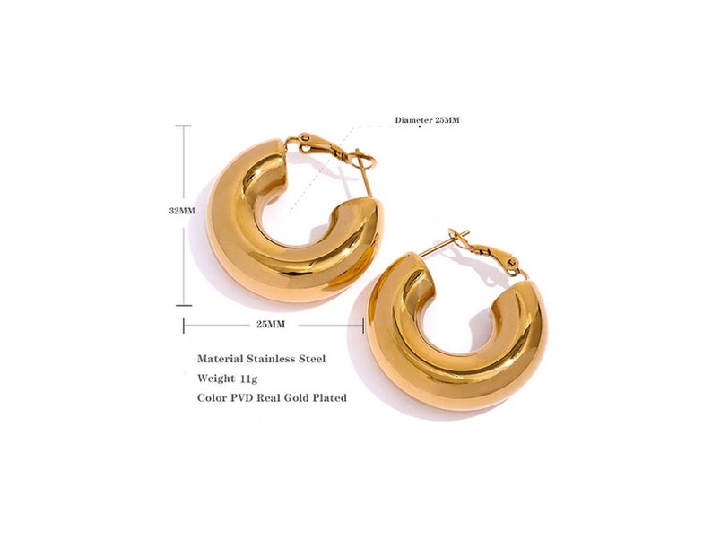 Chunky Gold Hoops, Thick Tube Hoop Earrings, Wide Huggie Hoops, Statement WATERPROOF Hoops, Round Stack Hoops, Gift for Her image 9