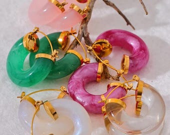 Handmade Acrylic Hoop Earrings, Gold Huggies, Chunky Resin Hoops