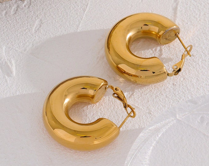 Chunky Gold Hoop Earrings: Waterproof Stainless Steel Huggies