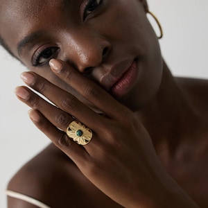 Wide Engraved Ring, African Turquoise Ring, Flower Ring, Waterproof Jewelry, Statement Gold Ring, Summer Jewelry, Gift For Her