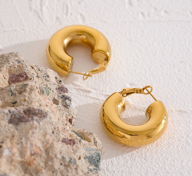 Chunky Gold Hoops, Thick Tube Hoop Earrings, Wide Huggie Hoops, Statement WATERPROOF Hoops, Round Stack Hoops, Gift for Her image 7