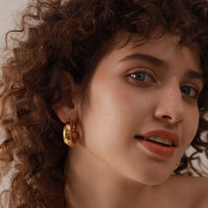 Chunky Gold Hoops, Thick Tube Hoop Earrings, Wide Huggie Hoops, Statement WATERPROOF Hoops, Round Stack Hoops, Gift for Her image 8