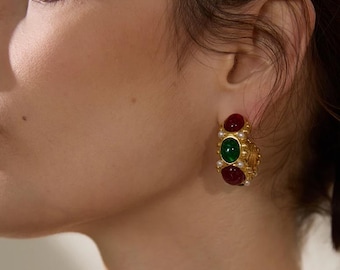 Vintage French  Earrings | Resin Colorful Cabochon Hoops | C-Shaped Gold Huggies