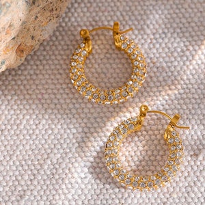Diamond Cz Earrings, Dainty Bling Huggie Hoops, WATERPROOF Gold Earrings, Elegant Gift For Her image 3