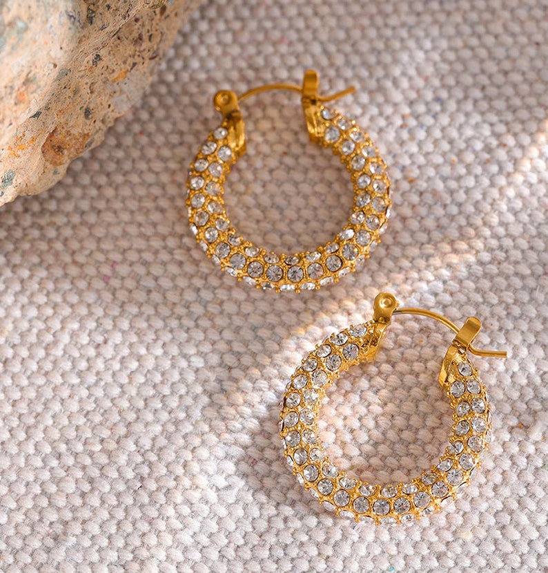 Diamond Cz Earrings, Dainty Bling Huggie Hoops, WATERPROOF Gold Earrings, Elegant Gift For Her image 3