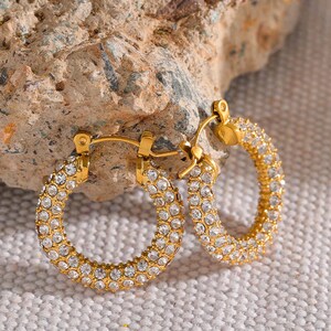 Diamond Cz Earrings, Dainty Bling Huggie Hoops, WATERPROOF Gold Earrings, Elegant Gift For Her image 1