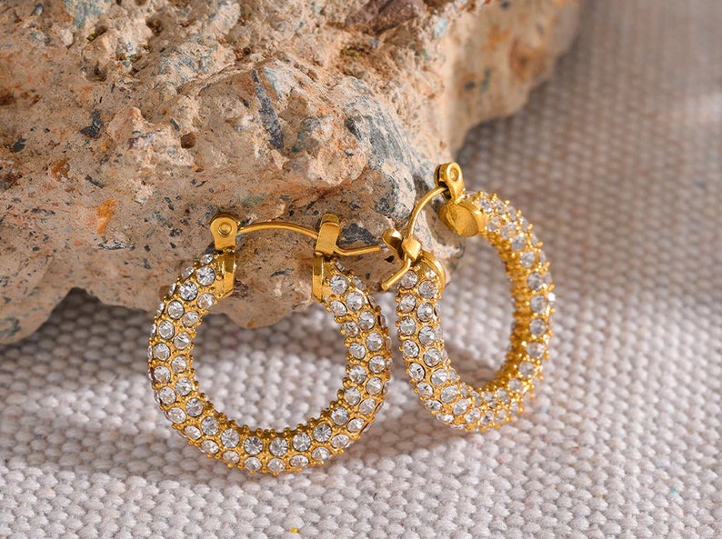Diamond Cz Earrings, Dainty Bling Huggie Hoops, WATERPROOF Gold Earrings, Elegant Gift For Her image 1