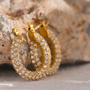 Diamond Cz Earrings, Dainty Bling Huggie Hoops, WATERPROOF Gold Earrings, Elegant Gift For Her image 5