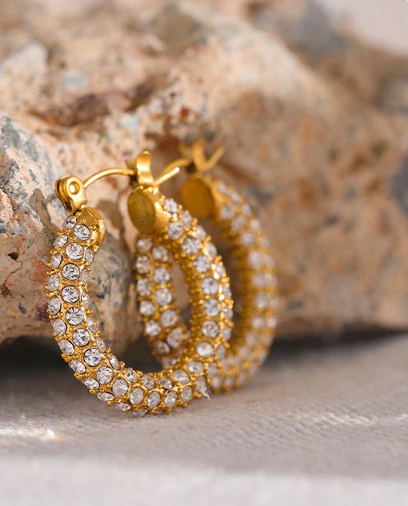 Diamond Cz Earrings, Dainty Bling Huggie Hoops, WATERPROOF Gold Earrings, Elegant Gift For Her image 5