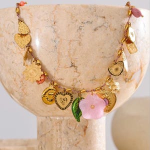 Resin Charm Necklace: Gold Stainless Steel, Cotton Cord, Flower & Heart