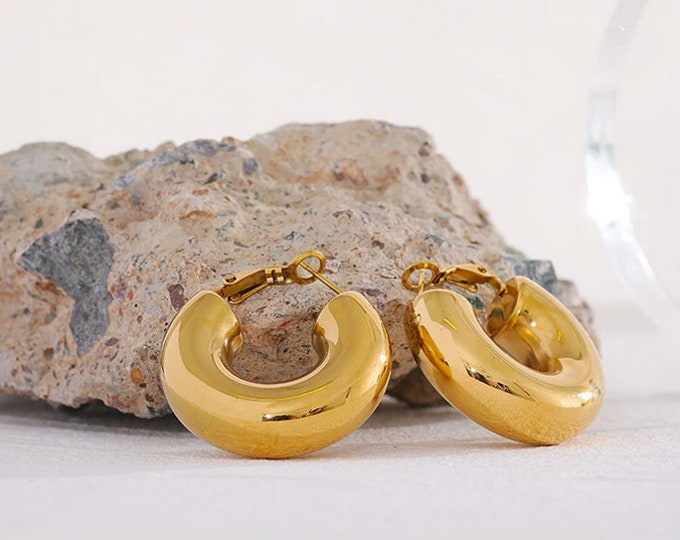 Chunky Gold Hoops, Thick Tube Hoop Earrings, Wide Huggie Hoops, Statement WATERPROOF Hoops, Round Stack Hoops, Gift for Her