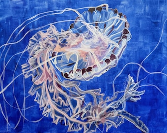 May include: An abstract painting of a jellyfish against a blue background. The jellyfish is depicted with translucent, light blue, pink, and white hues, with dark brown accents around the edges. Long, white tendrils extend from the jellyfish.