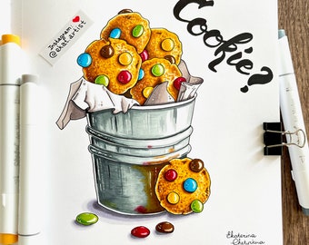 Kekse | ORIGINAL Marker Illustration| Wanddeko | Original Geschenk |malerei|malerei |zeichnung |handmade|cartoon|food stillleben| Küche