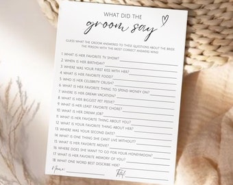 Minimalist What Did the Groom Say? Game, Bridal Shower Game, Printable He Said Game, Who Knows The Bride Best, Wedding Reception Party Game
