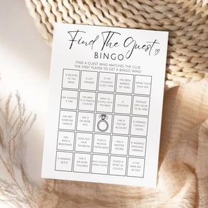 Bingo Find the Guest, Tarjeta de juego de despedida de soltera minimalista, Juego para conocerse, Tarjeta de bingo nupcial, Tarjeta de bingo Find the Guest, Juego de bodas