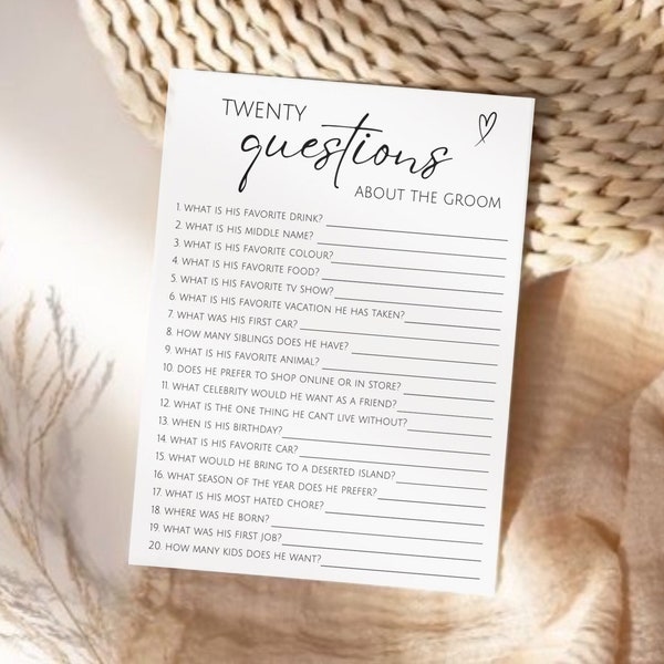 20 Questions About The Groom, Minimalist Bridal Trivia Game Card, Printable Bridal Shower Trivia Game Template, Wedding Reception Party Game