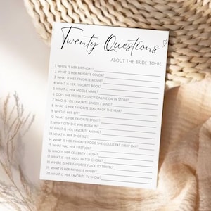 20 domande sulla futura sposa, gioco di quiz minimalista sulla sposa, gioco di quiz stampabile per la festa della sposa, gioco per la festa del ricevimento di nozze