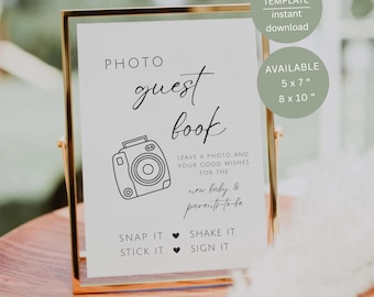 Minimalistyczny znak księgi gości ze zdjęciem Polaroid, dekoracja stołu na baby shower do druku, edytowalny szablon Canva