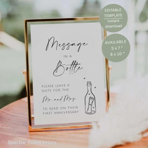 Letrero minimalista con mensaje en una botella, decoración imprimible para mesa de libro de visitas de boda, plantilla editable de Canva