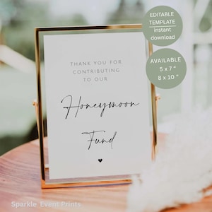 Letrero minimalista para el fondo de luna de miel, decoración imprimible para la mesa de recepción de boda, plantilla editable de Canva