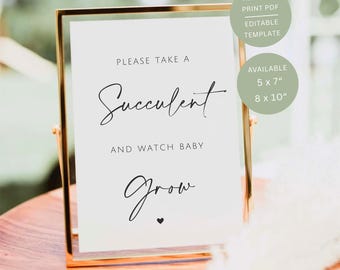 Minimalist Take A Succulent Sign, Printable Baby Shower Favor Table Signage, Editable Canva Template
