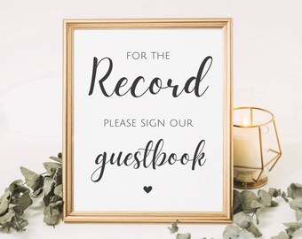 For The Record Sign, Please Sign Our Guestbook, Wedding Record Guestbook Sign, Minimalist Wedding Guest Book Template, Record Signage