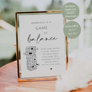 Letrero "El matrimonio es un juego de equilibrio", libro de visitas imprimible para bodas con Jenga, decoración de mesa, plantilla editable