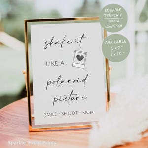 Letrero "Agítalo como una Polaroid", decoración de mesa para libro de visitas de boda imprimible, plantilla editable de Canva