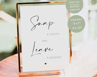 Snap A Photo And Leave A Message Sign, Printable Wedding Polaroid Guestbook Table Signage, Editable Template