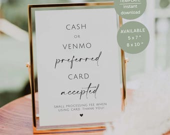 Minimalist Cash or Venmo Preferred Card Accepted Sign, Printable Wedding Table Decor, Editable Template