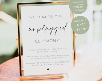 Letrero minimalista para ceremonia sin dispositivos electrónicos, letrero imprimible para mesa de bienvenida de boda, plantilla editable de Canva.
