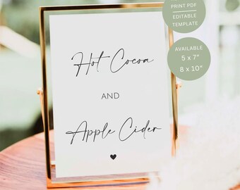 Hot Cocoa And Apple Cider Sign, Printable Wedding Drinks Bar Table Signage, Editable Template