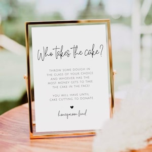 Panneau Qui remporte le gâteau, panneau fracassé sur le gâteau de mariage, panneau imprimable jeux de mariage, panneau de table pour gâteau de mariage, signalétique de fonds de lune de miel