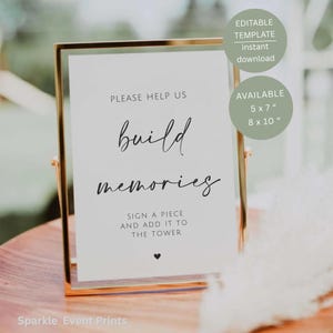 Letrero minimalista "Ayúdanos a crear recuerdos", decoración de mesa imprimible para libro de visitas de boda con Jenga, plantilla editable