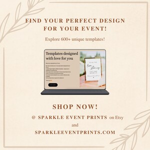 May include: A promotional image with text that reads "FIND YOUR PERFECT DESIGN FOR YOUR EVENT!" and "Explore 600+ unique templates!". The image also includes a laptop screen displaying a website with the text "Templates designed with love for you". The website address is also displayed.