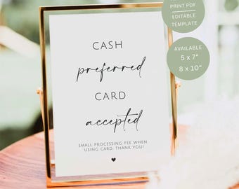 Cash Preferred Card Accepted Sign, Printable Wedding Table Decor, Editable Canva Template