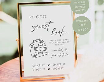 Letrero minimalista para libro de visitas con fotos Polaroid, decoración imprimible para baby shower, plantilla editable de Canva