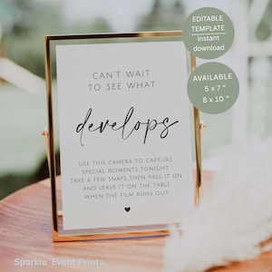 Minimalist Wedding Disposable Camera Sign, Printable Wedding Table Decor, Editable Canva Template