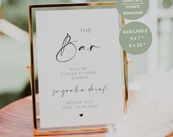 Letrero "El bar estará cerrado durante la cena", decoración de mesa de boda imprimible, plantilla editable de Canva