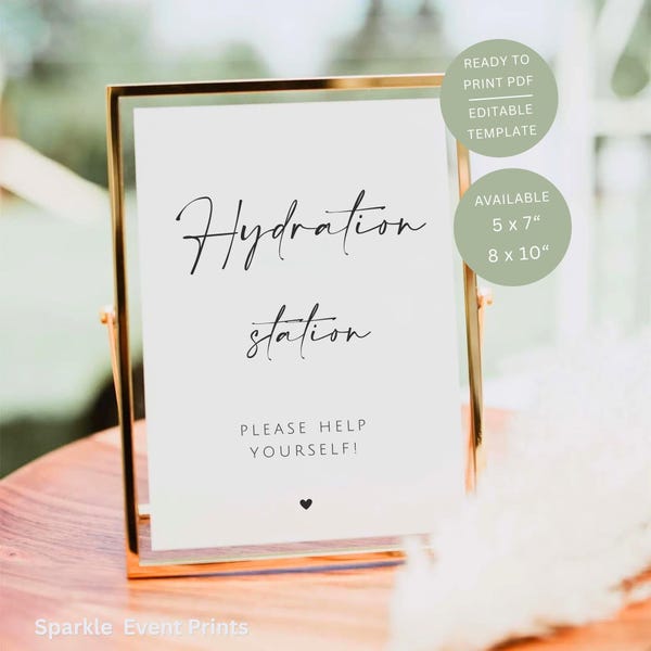 Minimalist Hydration Station Sign, Printable Wedding Favor Table Signage, Editable Canva Template