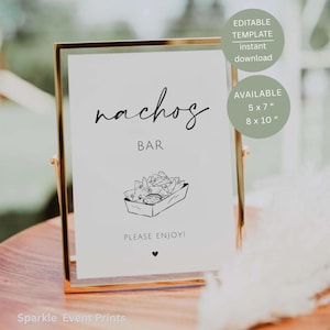 Letrero minimalista para bar de nachos, decoración imprimible para mesa de aperitivos de boda, plantilla editable de Canva