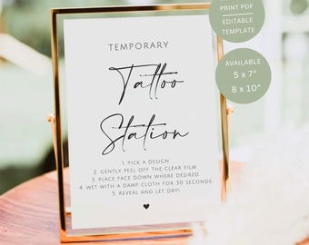 Minimalist Temporary Tattoo Station Sign, Printable Wedding Favor Table Signage, Editable Canva Template